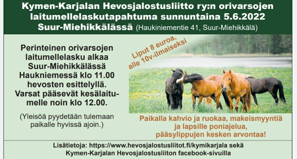 Mainos Kymen-karjalan hevosjalostusliiton laitumellelaskusta