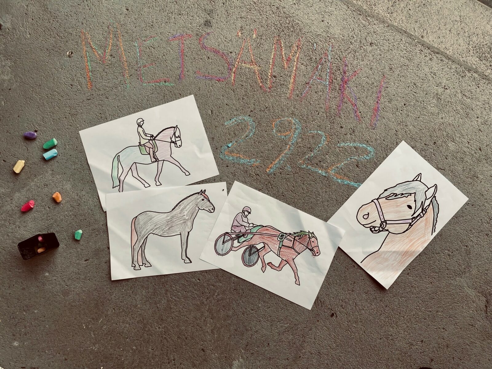 Kuvassa lasten värittämiä suomenhevosen värityskuvia