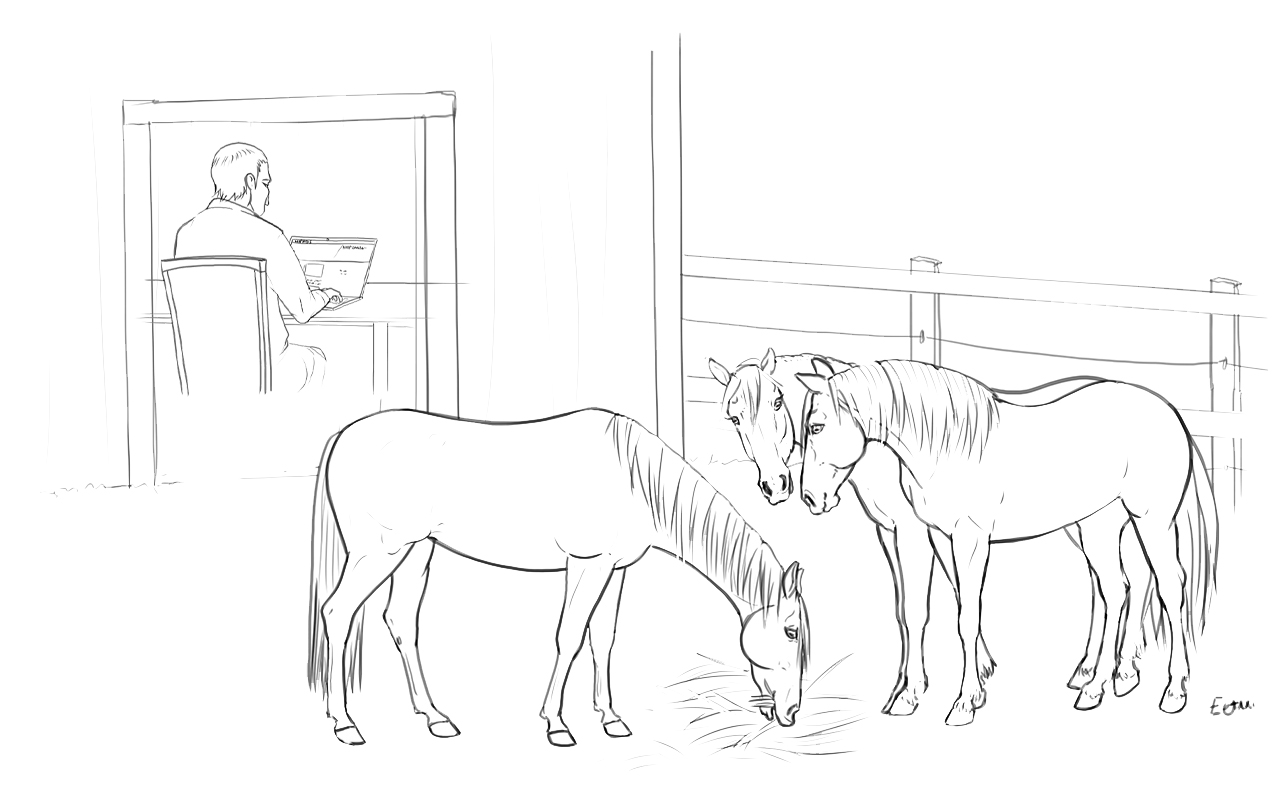 Piirroskuvassa hevosia tarhassa ja henkilö tietokoneella